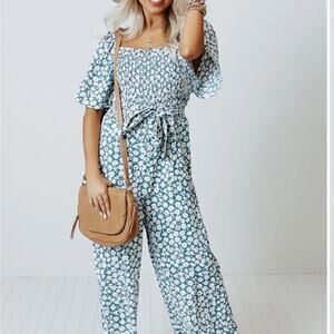 NWT Hayden Teal Floral Smocked Wide Leg Jumpsuit L